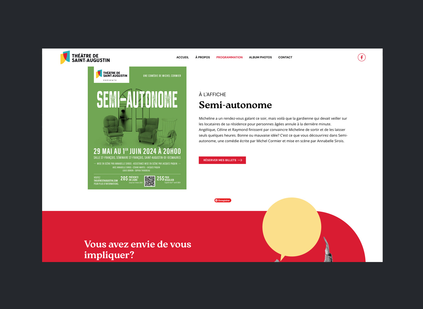 Présentation de la production annuelle du Théâtre Saint-Augustin sur le site web