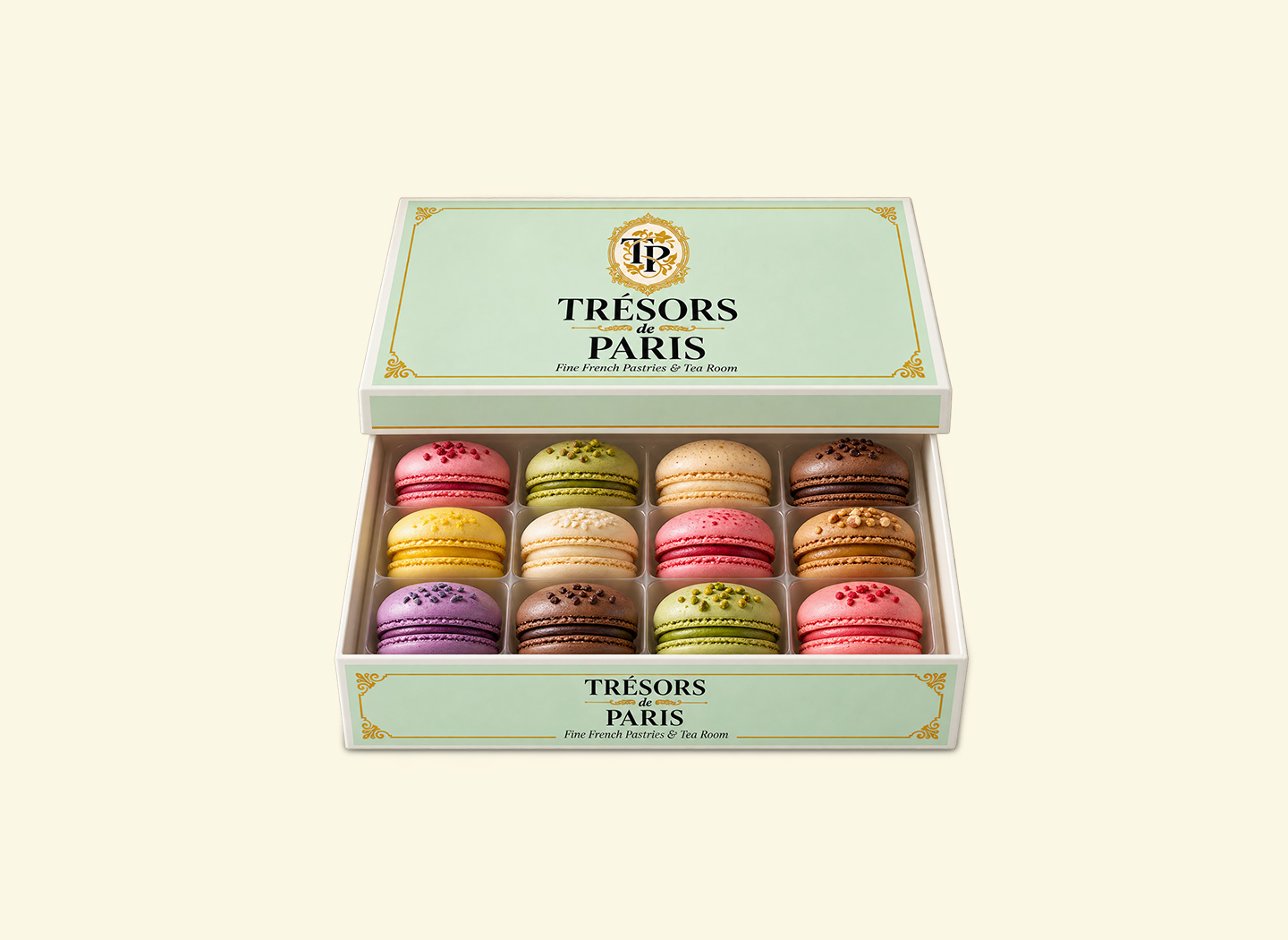 Déclinaisons du branding de la pâtisserie Trésors de Paris