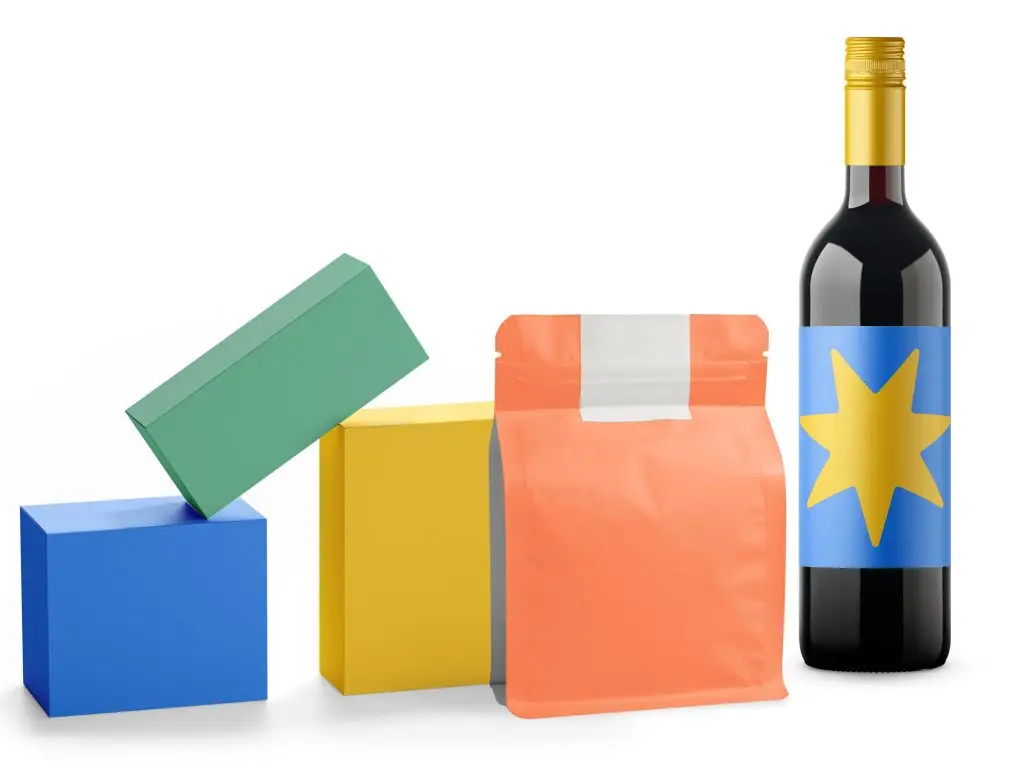 Boîtes, sachet et bouteille neutres, exemples de formats d'emballage alimentaire