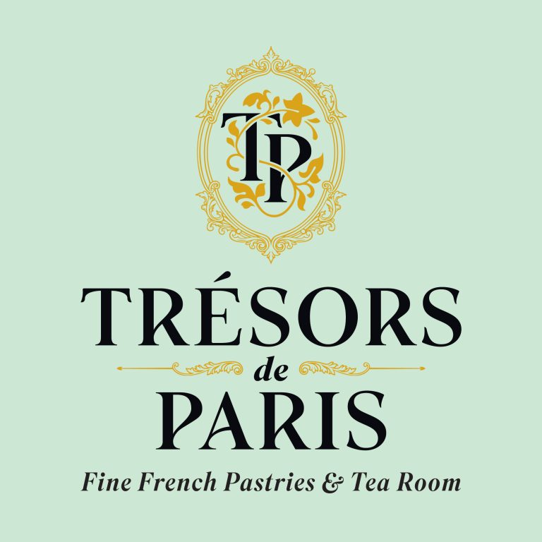 Logo de la pâtisserie Trésors de Paris sur fond vert menthe